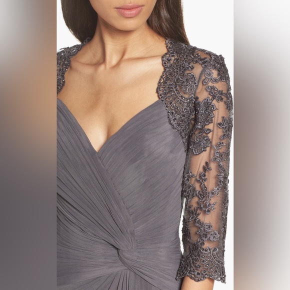 La Femme Ruched Twist Column Sweetheart Neck Lace and Crystals Maxi Gown NWOT - Picture 4 of 12